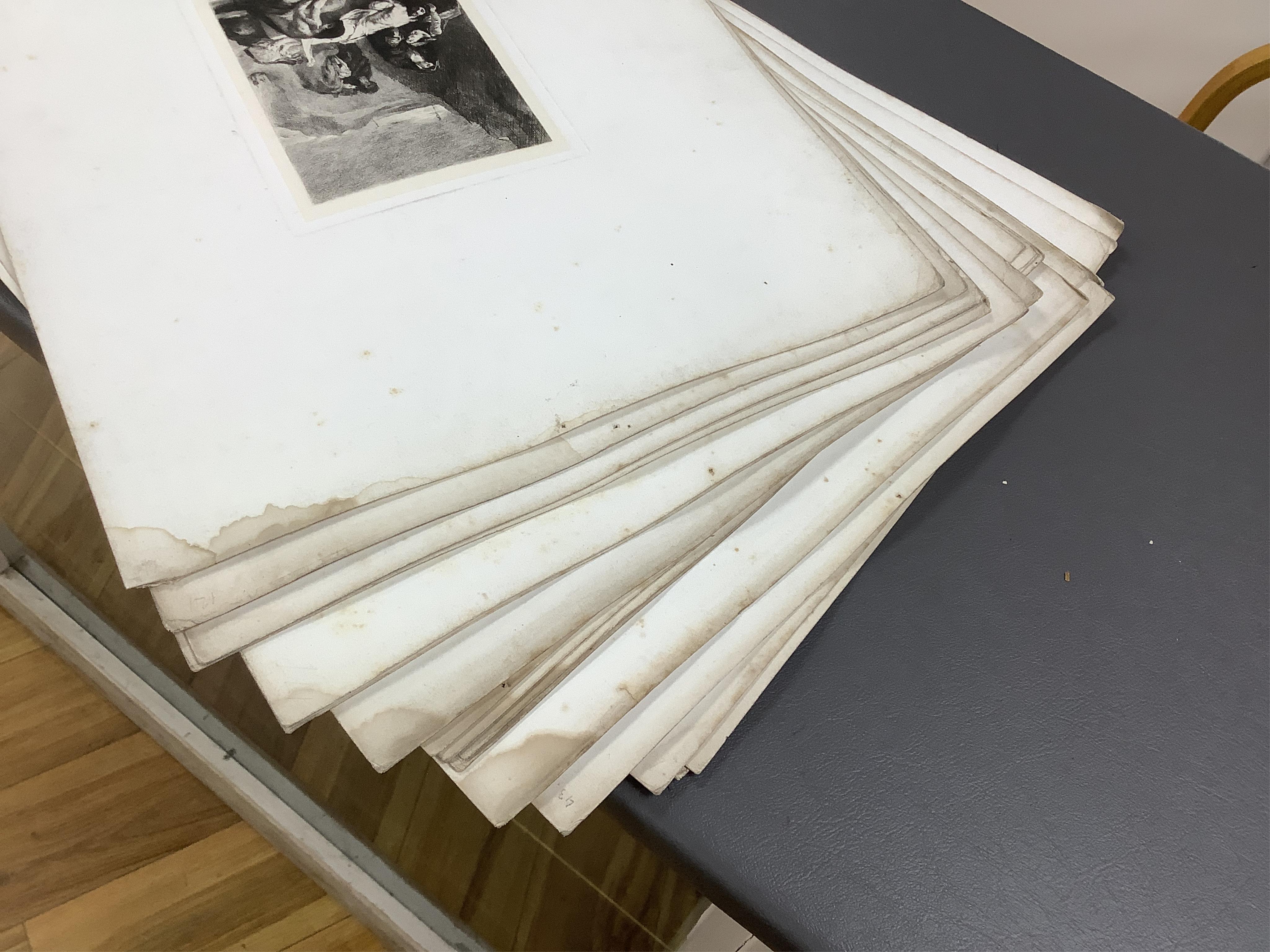 A large folio of etchings, to include after Eugene Delacroix, 'The mourning of Christ', each 45 x 32cm, housed in a leather folder